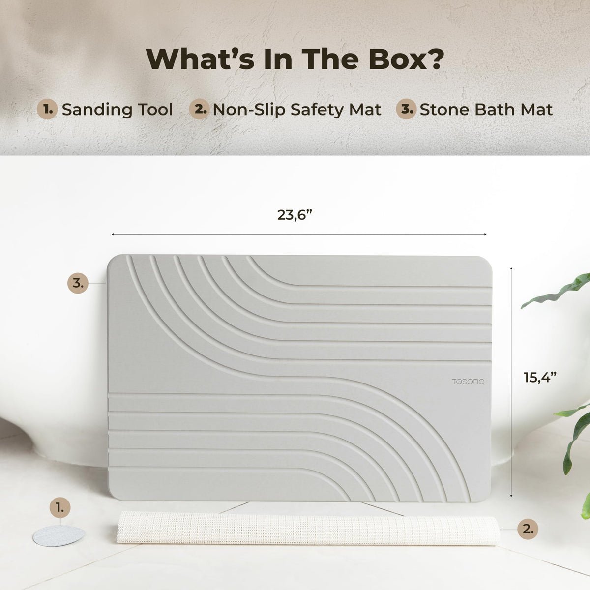 TOSORO Stone Bath Mat’s modern grey finish complements contemporary bathrooms.
