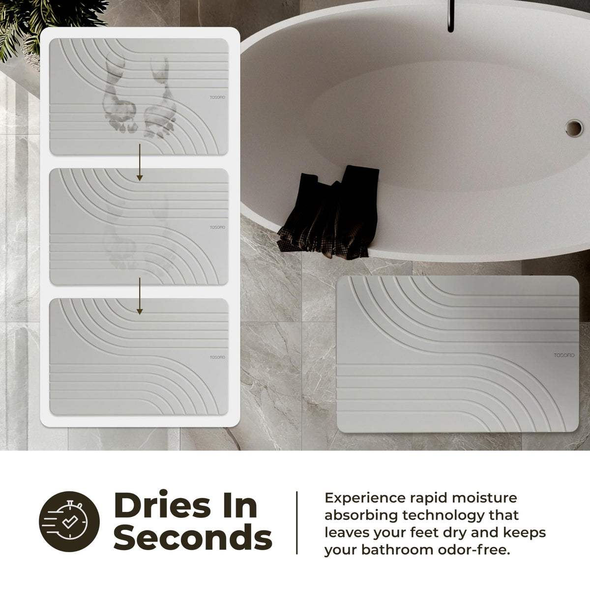 TOSORO Stone Bath Mat quick-dry water drainage helps reduce moisture on bathroom floors.