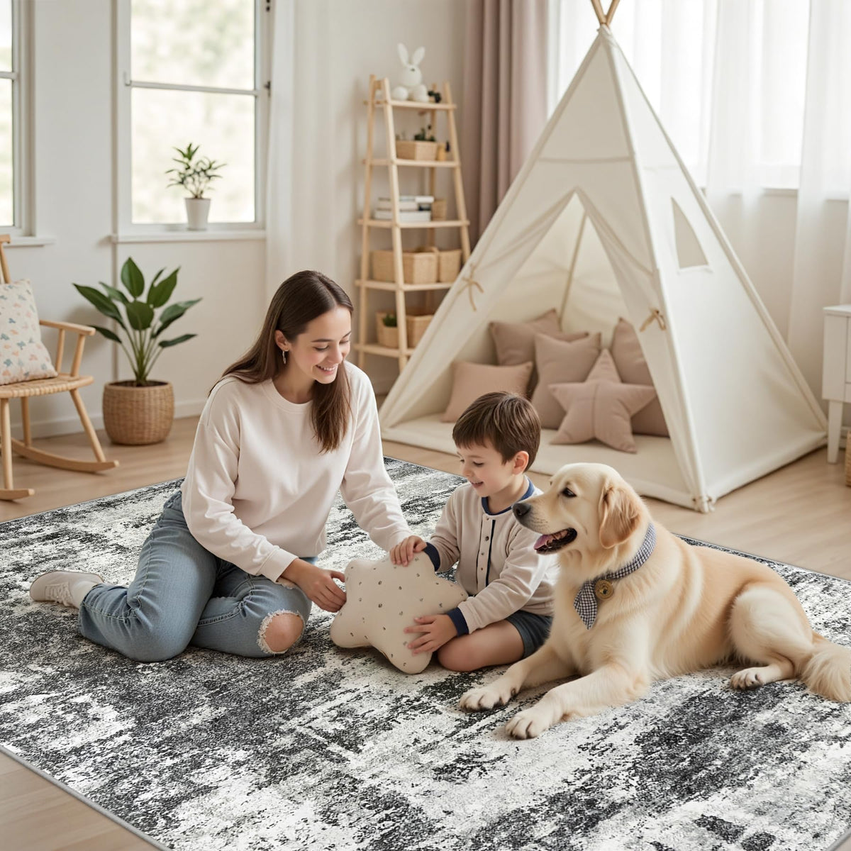 Tosuoka 8x10 abstract rug in bedroom, adding soft ambiance and warmth.