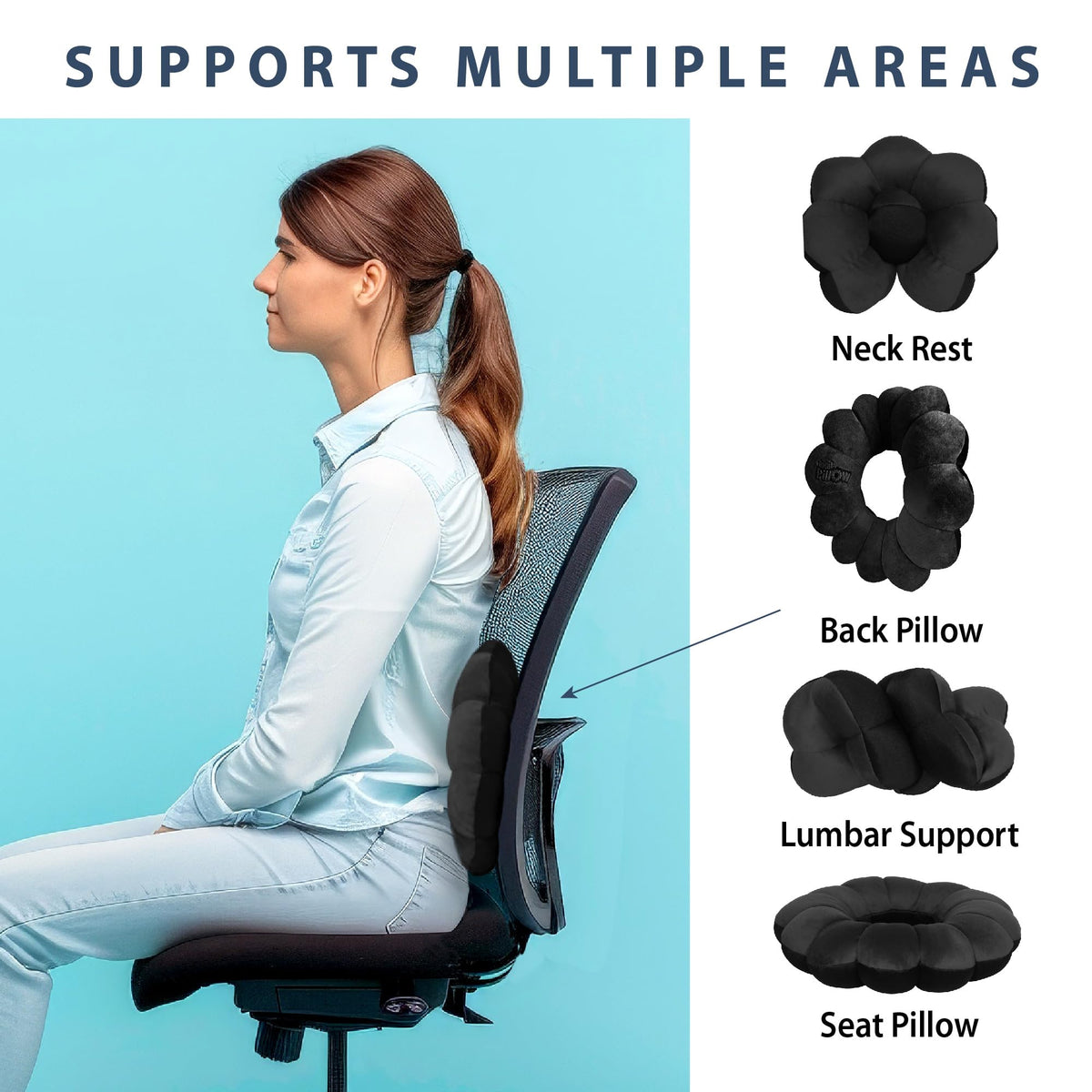 Total Pillow microbead head support adapts to your preferred angle and posture.