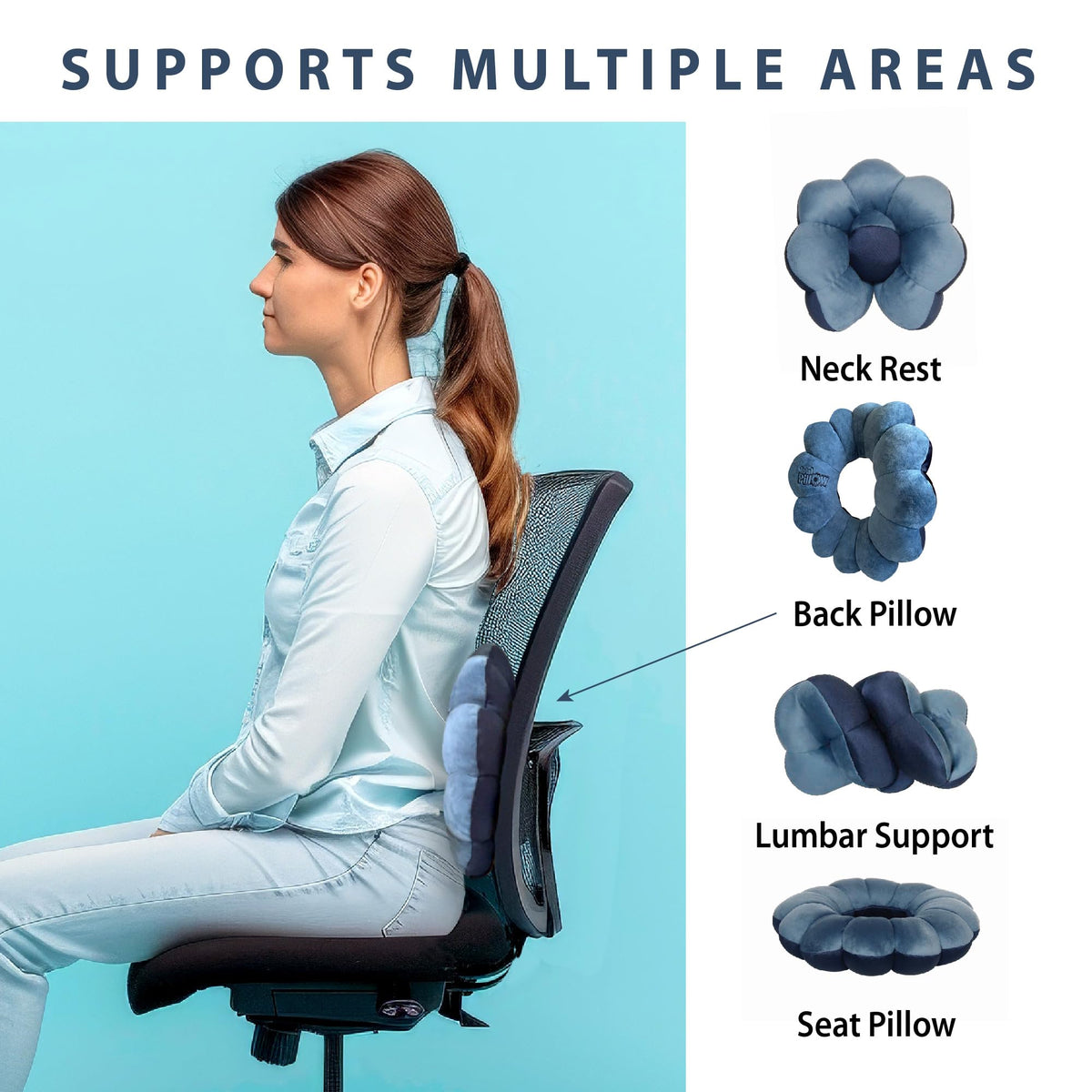 Total Pillow multi-use travel pillow twisted into different shapes for versatility blue