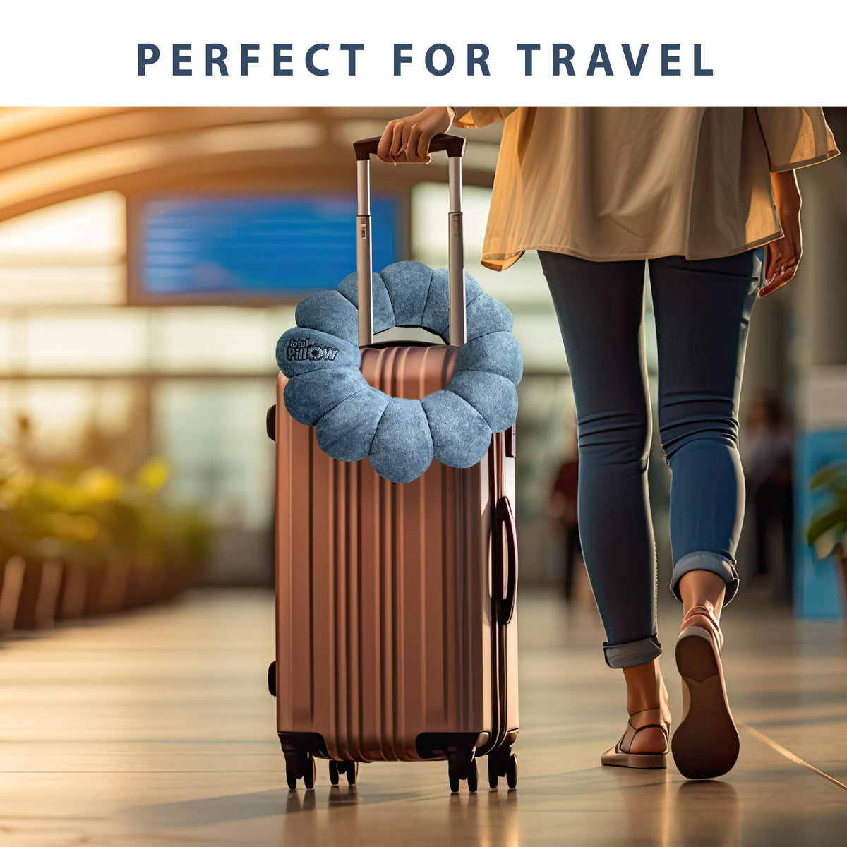 Total Pillow travel companion on plane showing compact design for easy packing blue