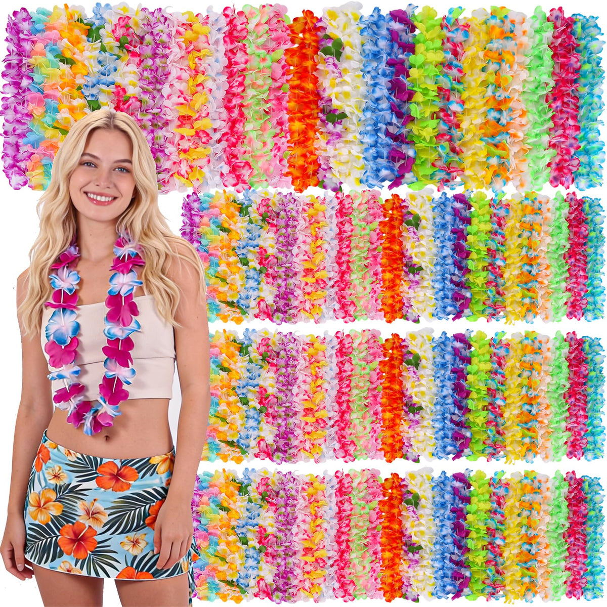 Totstio Hawaiian leis 100-count bulk colorful: ideal for large luau celebrations and coordinated party looks.