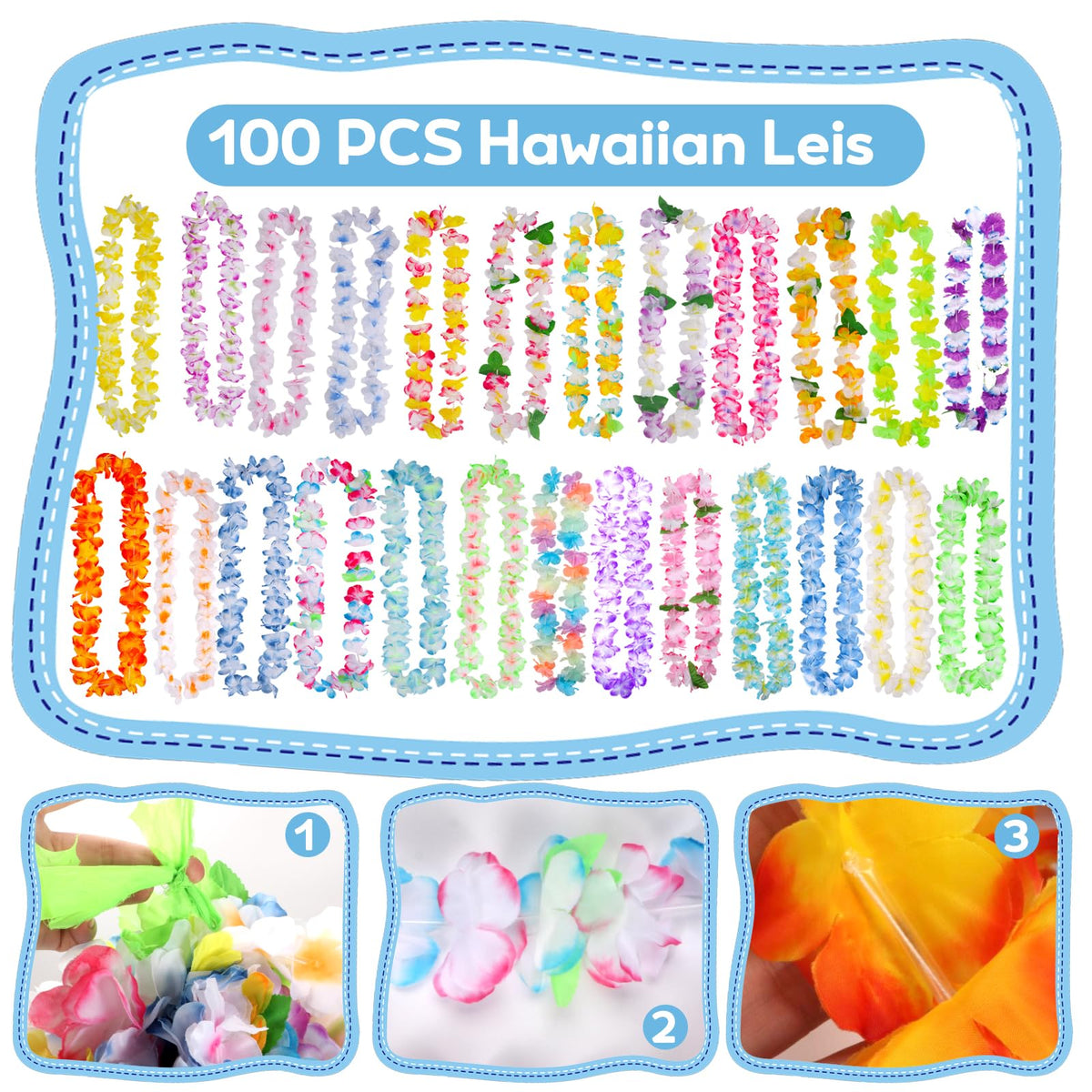 Totstio Hawaiian leis 108cm circumference fit easily over hair or outfits.