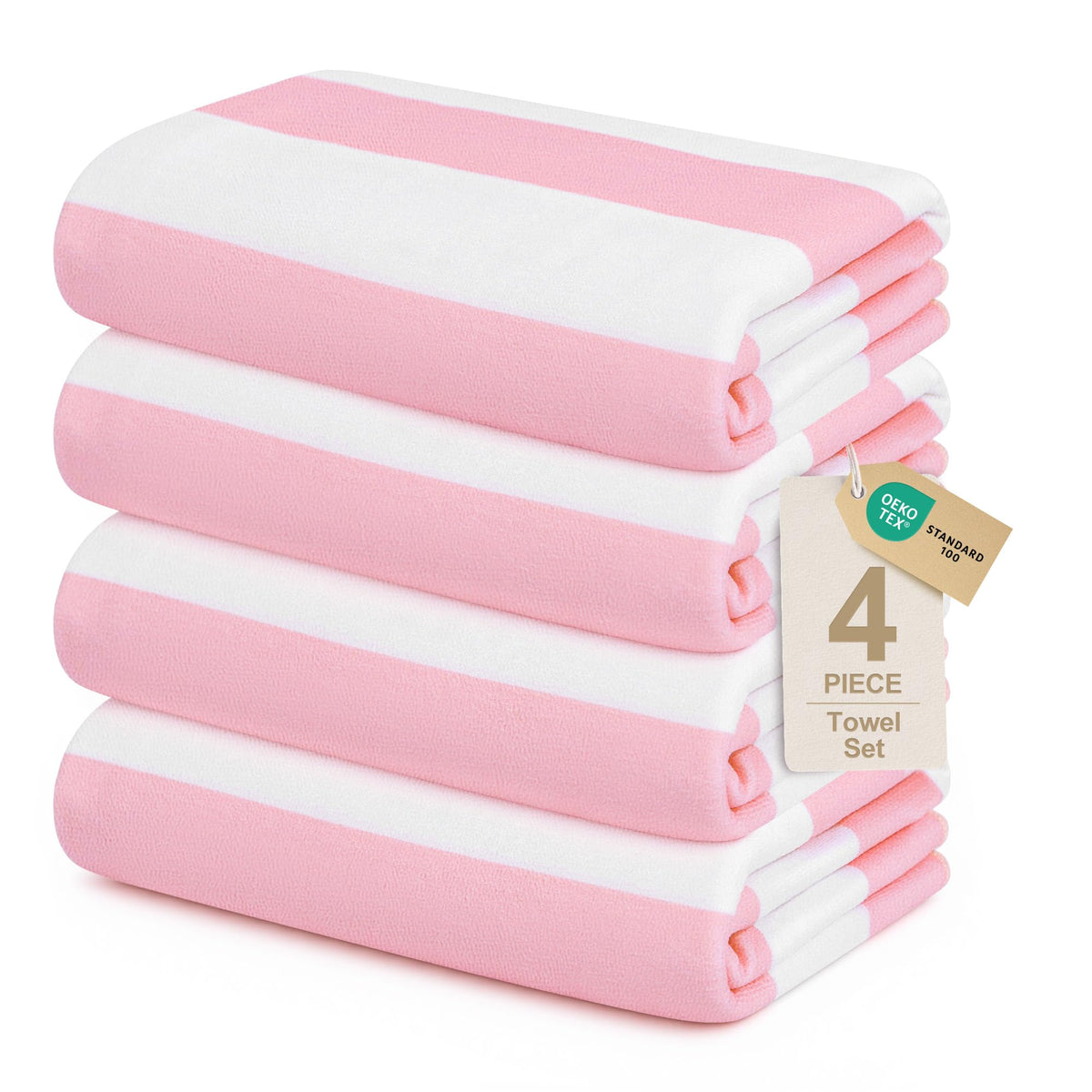 Touchat four-pack pink stripe beach towels offering full coverage and quick-drying comfort