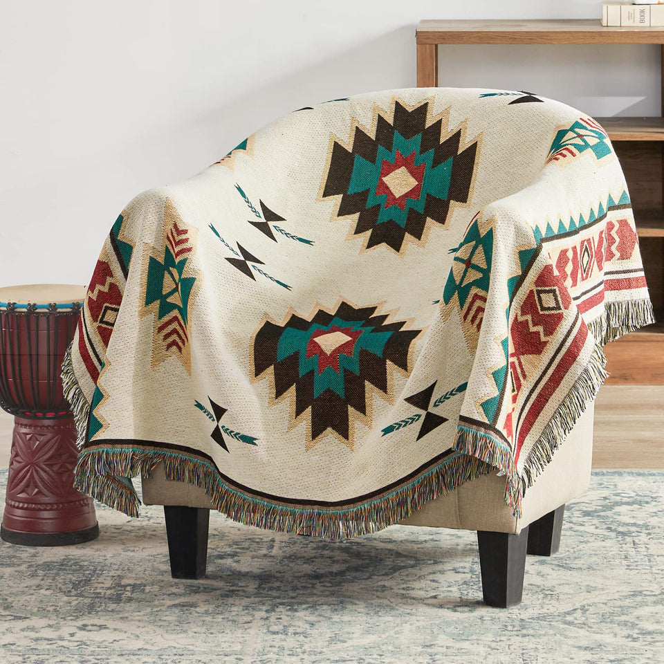 Touchat Native American Blanket beige geometric pattern draped on a sofa for warm, stylish living room decor.