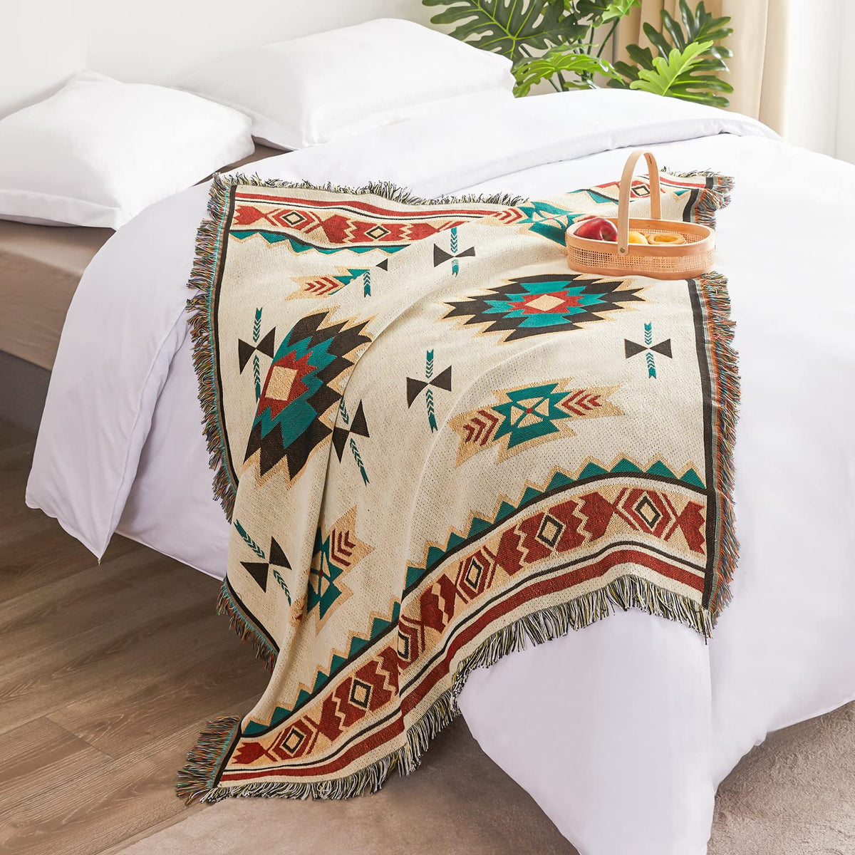 Touchat blanket used as a throw rug accent adds southwest charm.