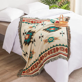 Touchat blanket used as a throw rug accent adds southwest charm.