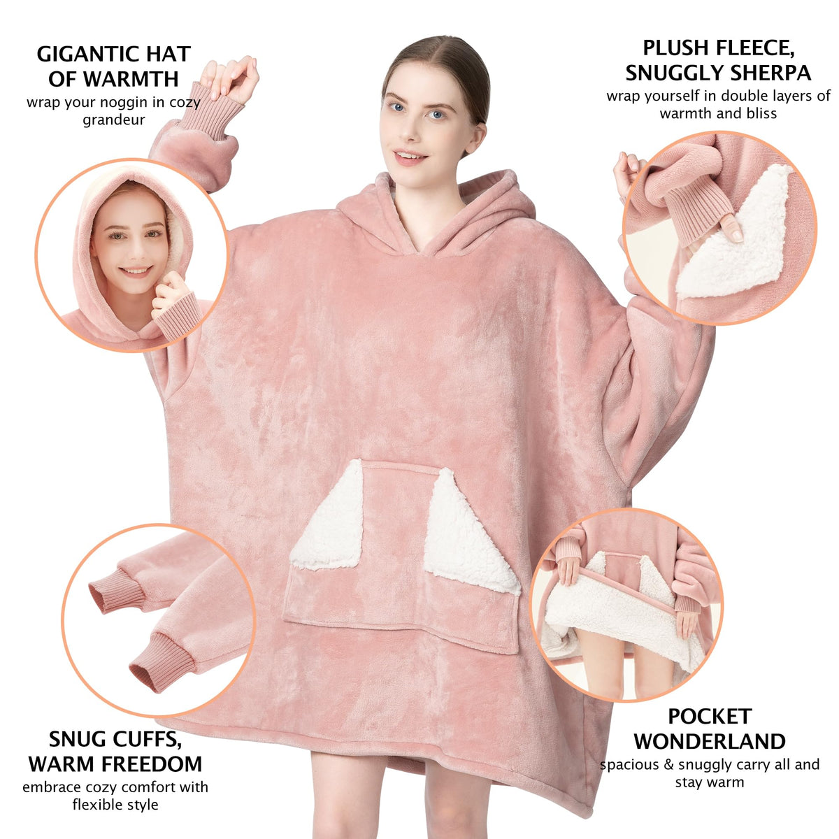 Touchat oversized sherpa blanket sweatshirt pink with front pocket for warmth