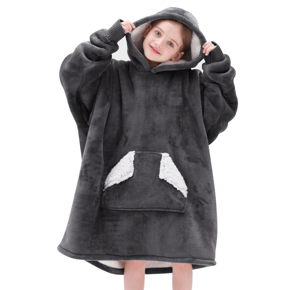 Touchat wearable blanket hoodie for kids in grey keeps them warm and cozy