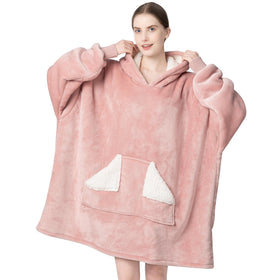 Touchat wearable blanket hoodie pink on model for cozy lounging