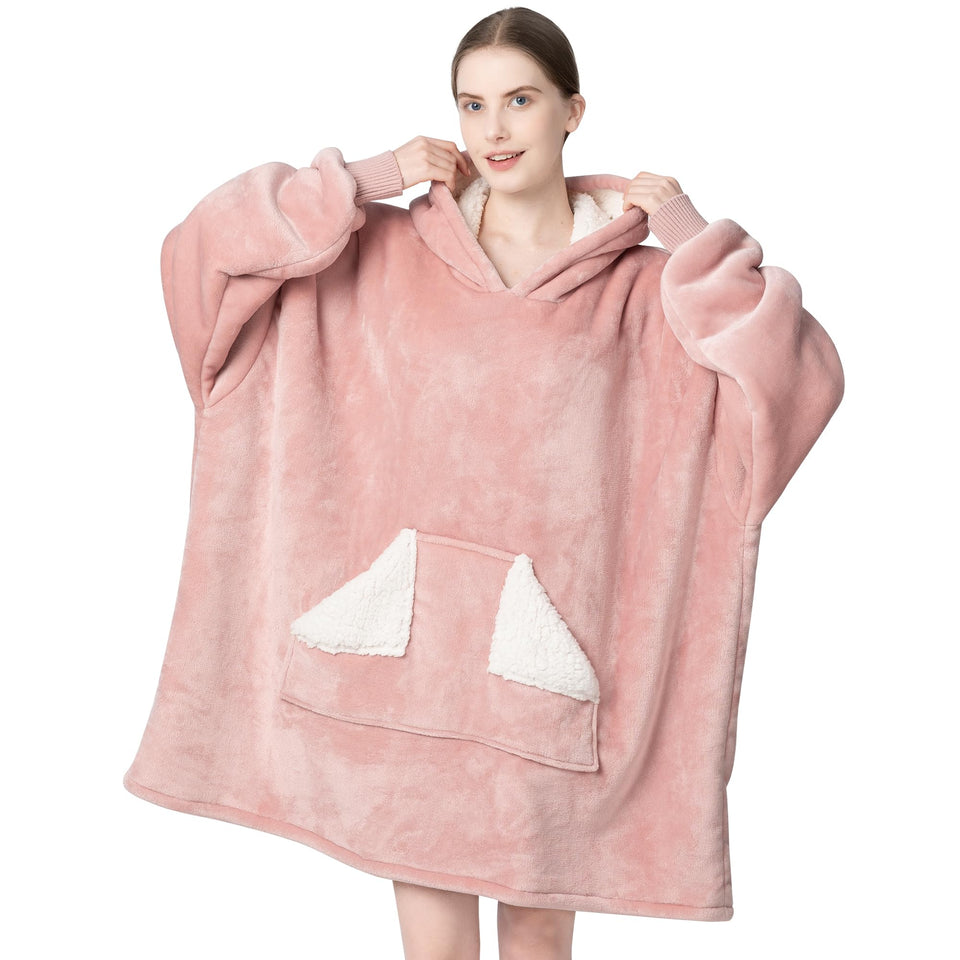 Touchat wearable blanket hoodie pink on model for cozy lounging