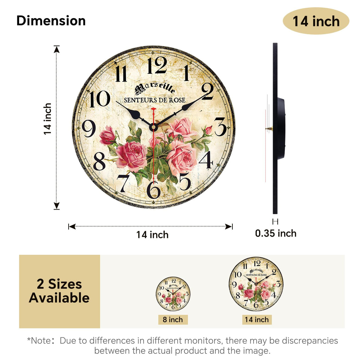Toudorp 14-inch wooden clock showcases pink roses decor and silent operation.
