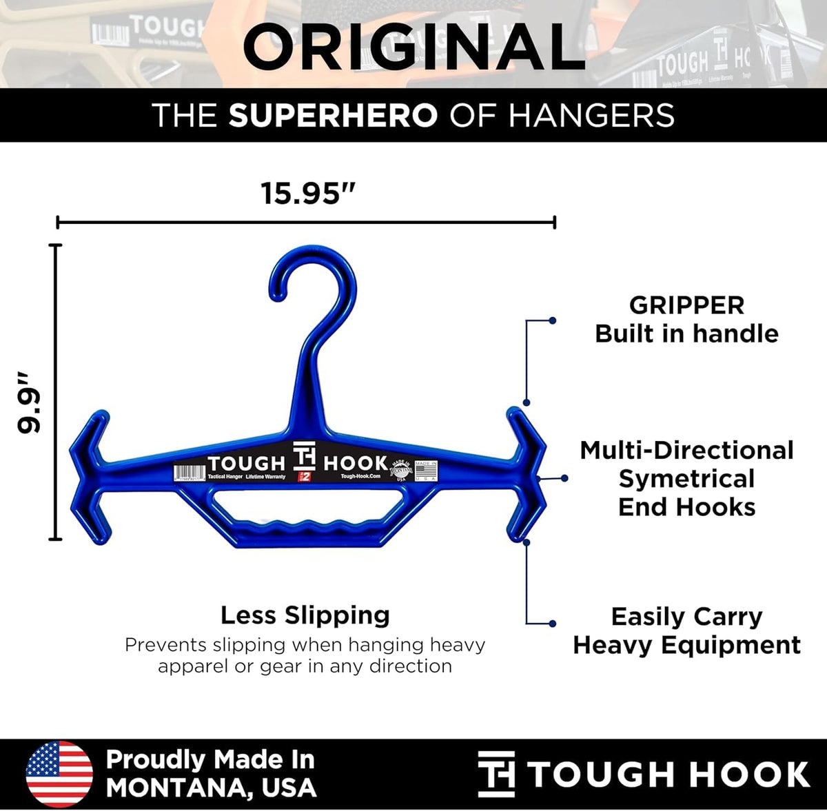 Tough Hook Original patented reversible grip handle eases carrying heavy gear.