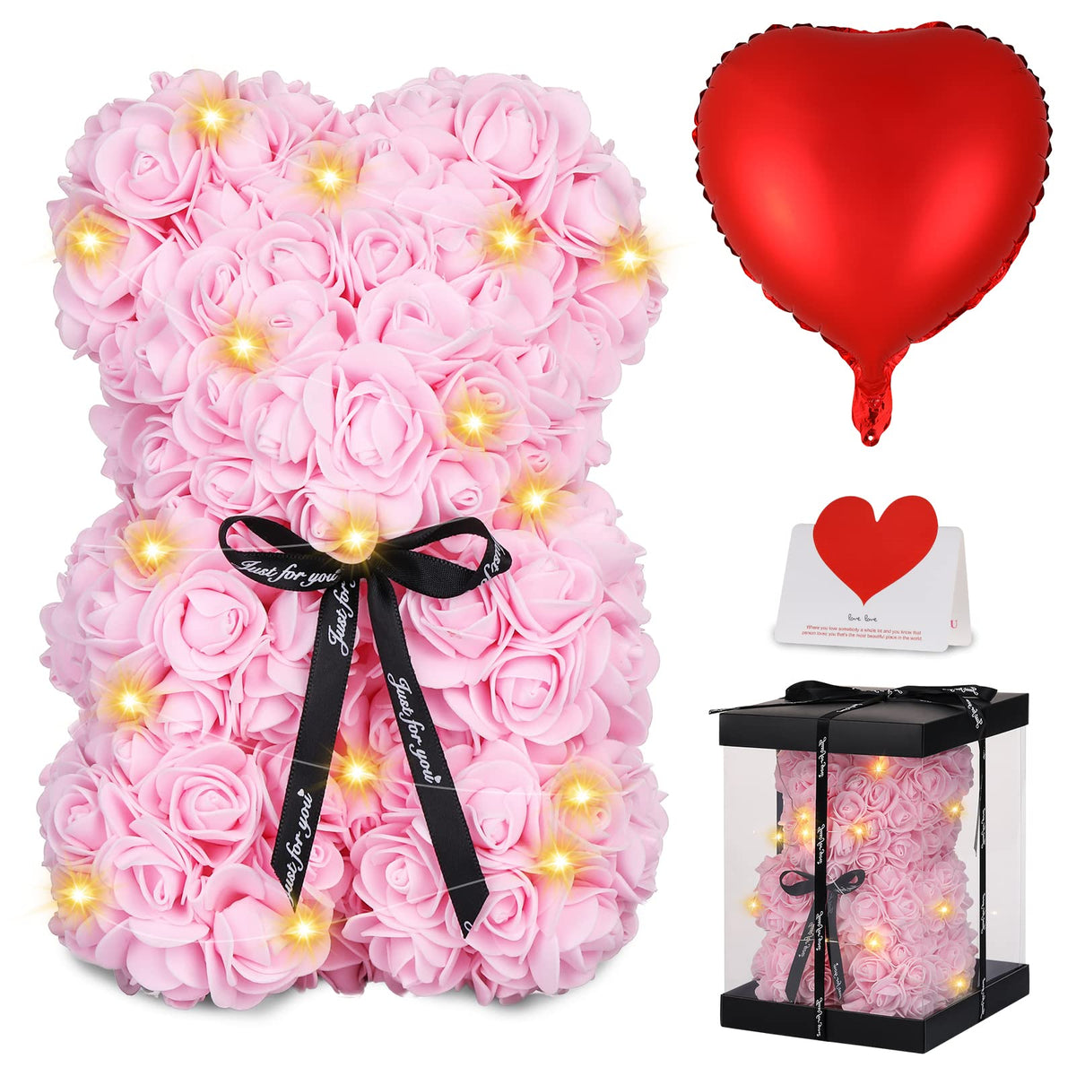 Touloube Rose Bear with LED lights offers a warm, lasting keepsake.