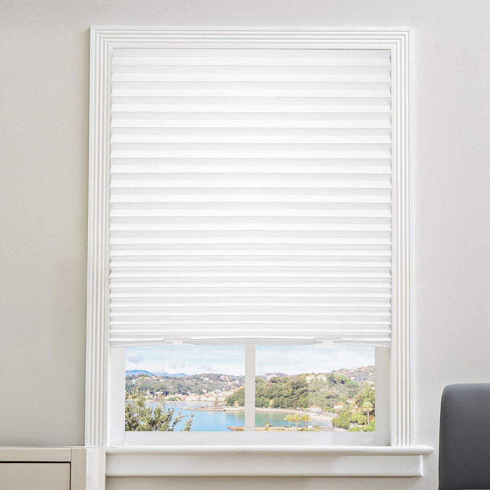 Touri 6-pack cordless pleated shades in white diffuse light and privacy.