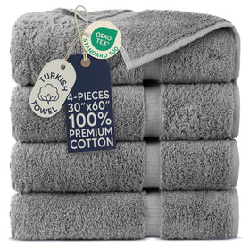 Towel Bazaar four-piece extra-large bath towels in gray offer plush softness and full-body coverage.