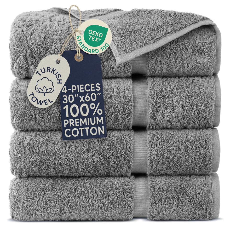 Towel Bazaar four-piece extra-large bath towels in gray offer plush softness and full-body coverage.