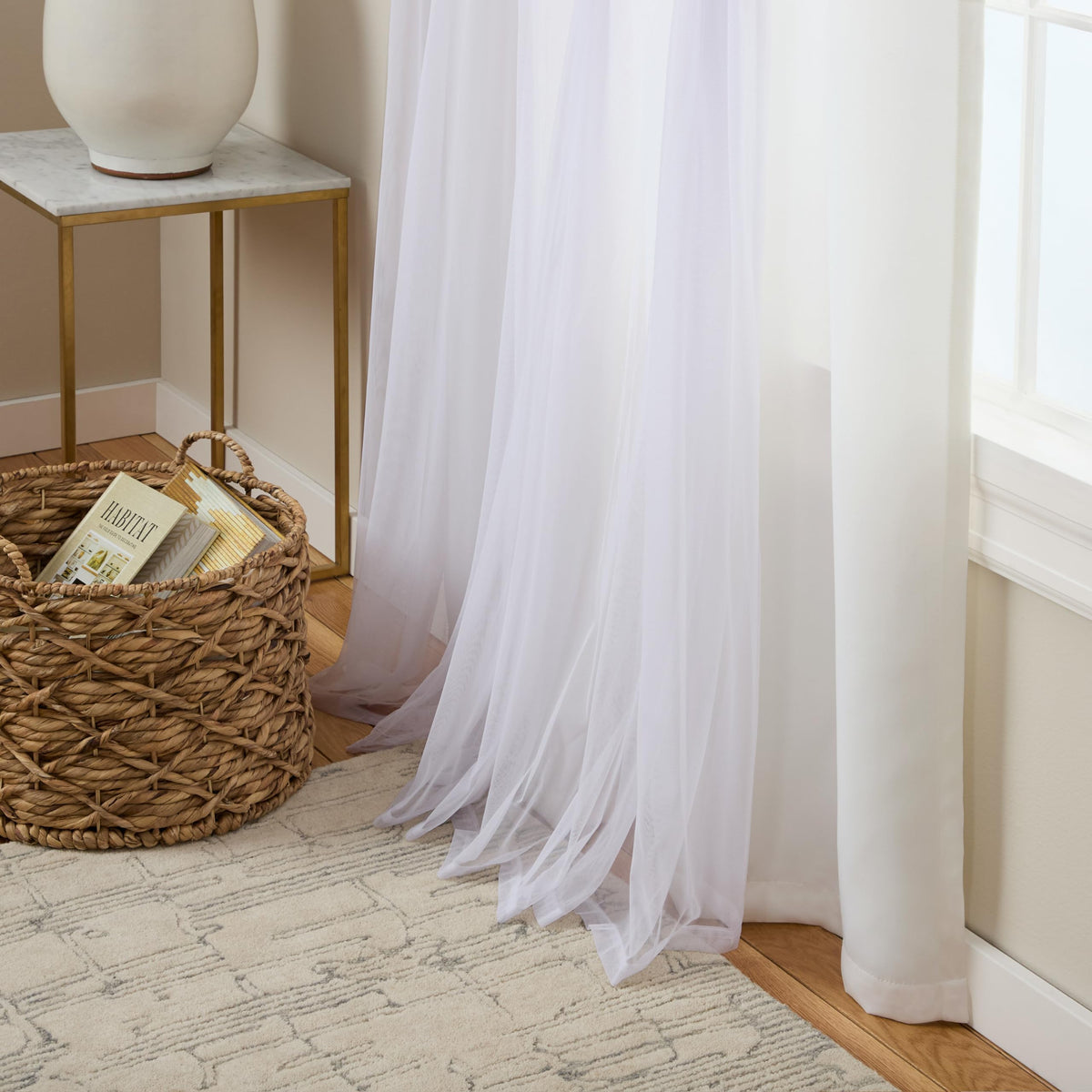 Winter White Talia fabric drape with subtle sheen enhances any room decor