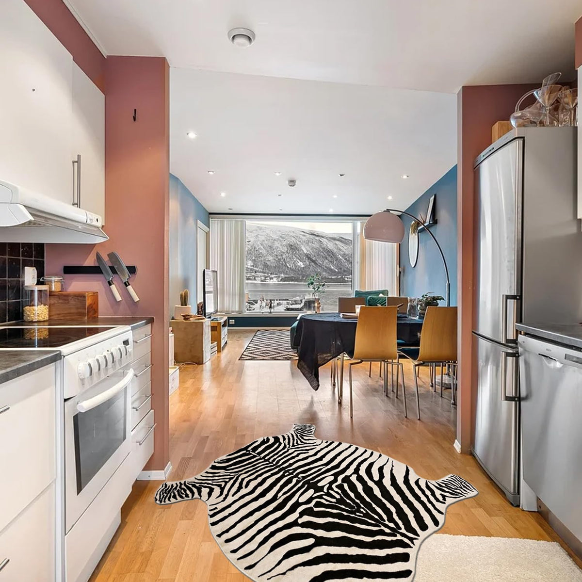 Townssilk Area Rug cream faux zebra backing suede detail emphasizes secure placement on smooth floors