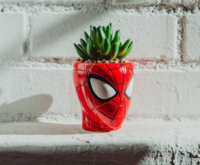 Toynk Spider-Man planter with faux plant for low-maintenance decor.