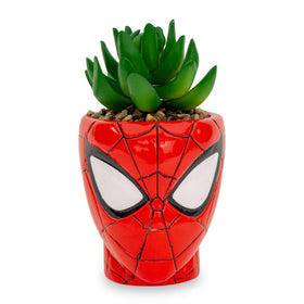 Toynk Spider-Man web-head mini planter with succulent for desk decor.