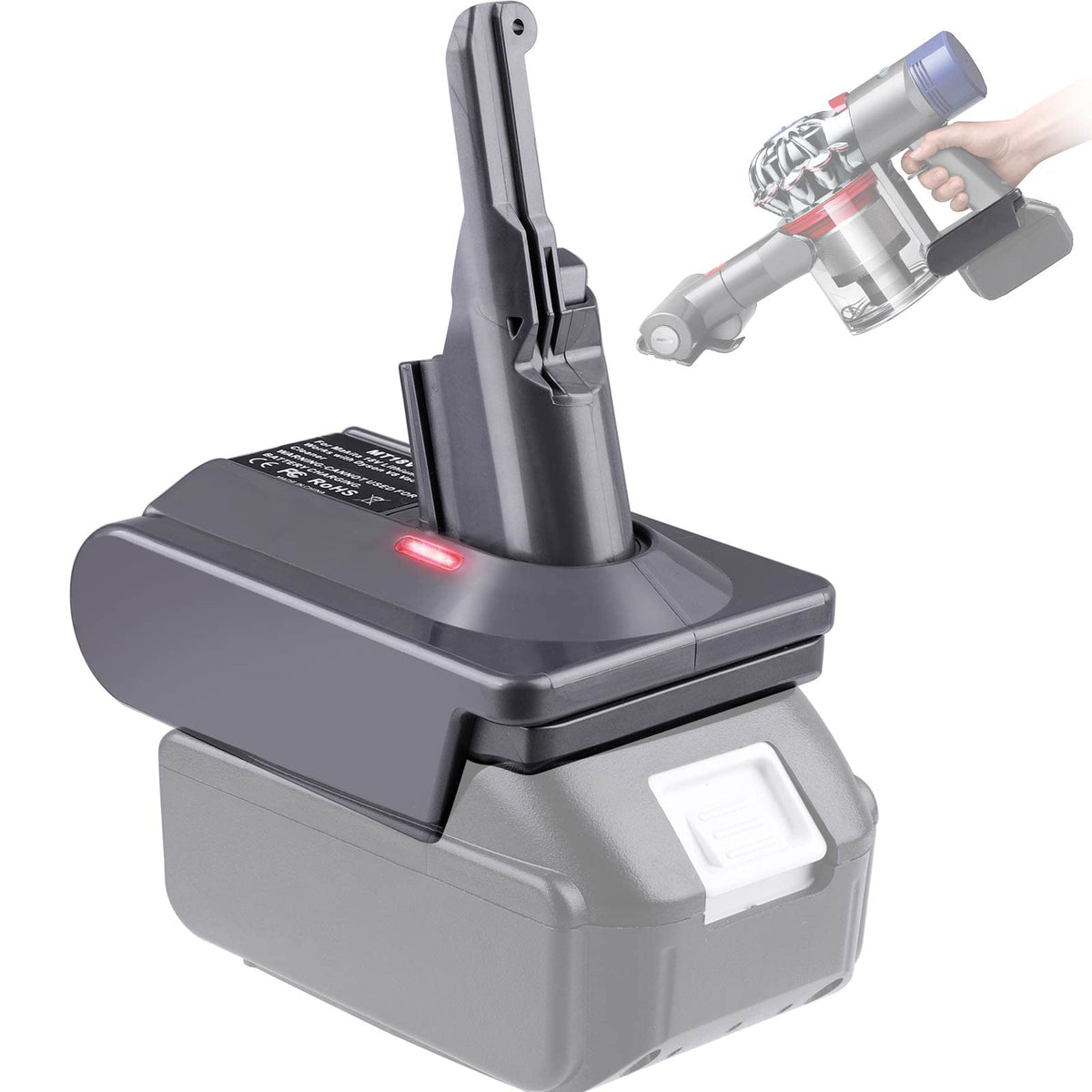 TPDL MT18V7V8 adapter base connection demonstrating secure fit for Dyson V7/V8.