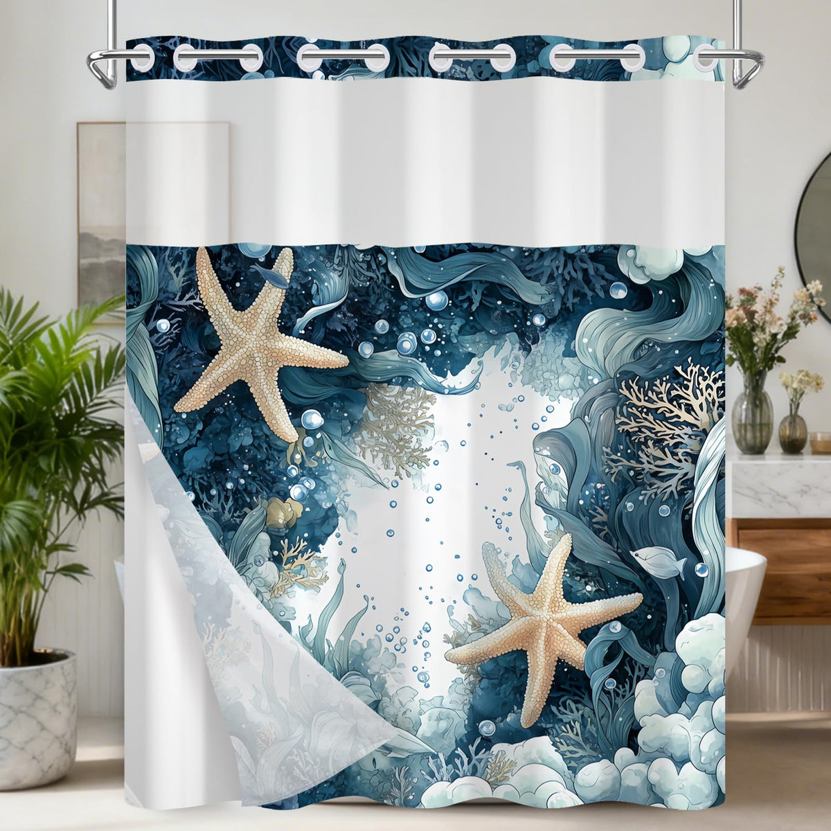 TQUQOBU no-hook spa-like ocean curtain shown on a bathroom rod, easy setup visual