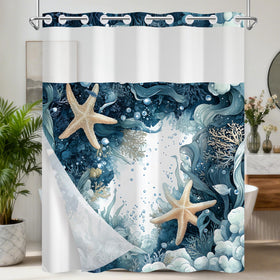 TQUQOBU no-hook spa-like ocean curtain shown on a bathroom rod, easy setup visual