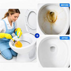 Orange hair bristles deliver thorough scrubbing around the toilet bowl.