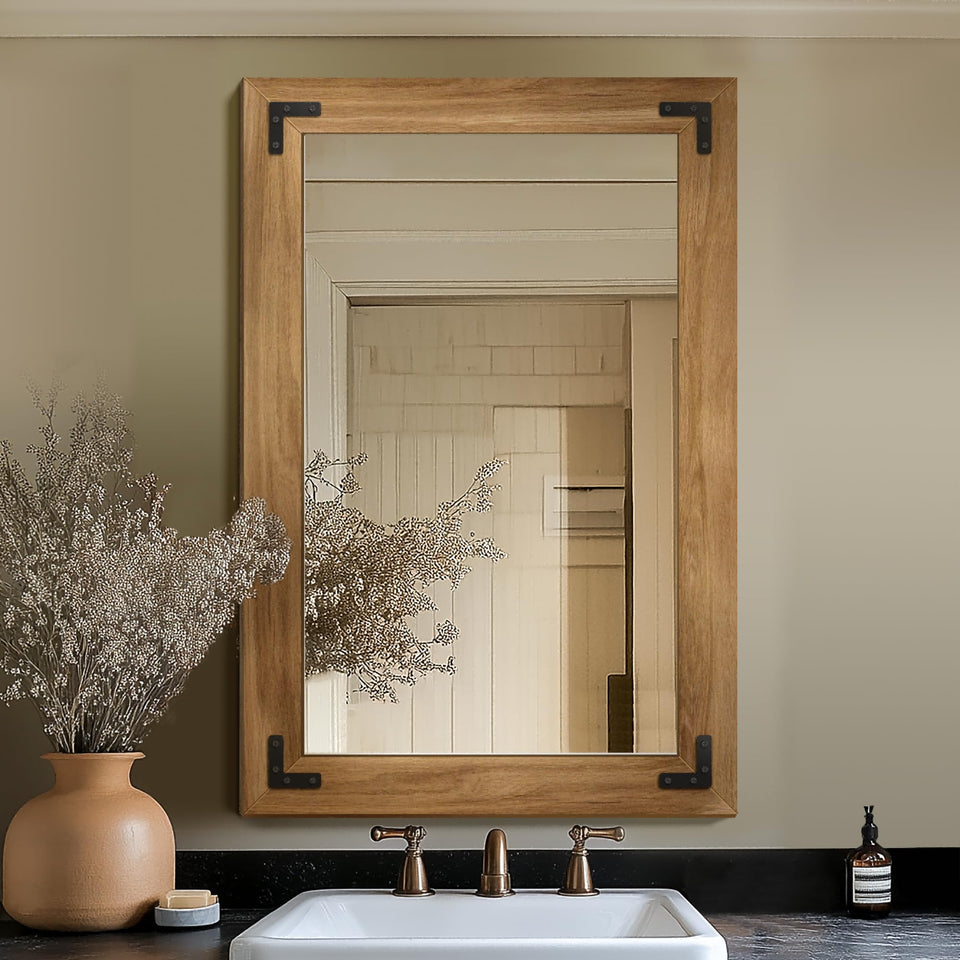 TRAHOME bathroom mirror with wood frame shows 24x36 exterior for a spacious vanity area