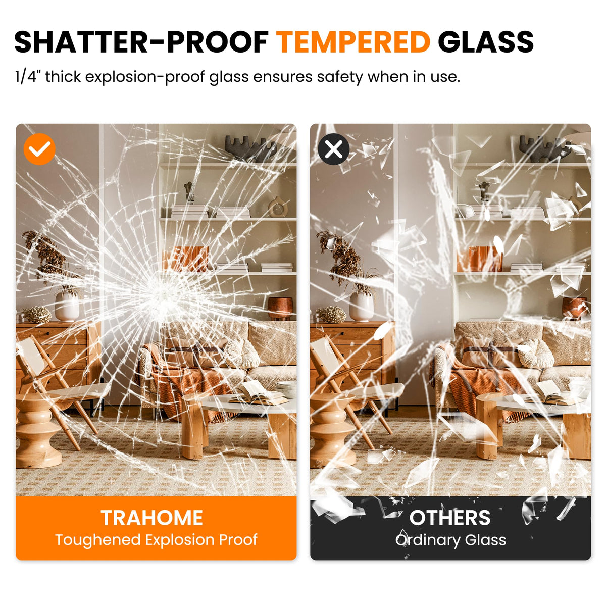 TRAHOME shatterproof glass adds safety for households and busy dressing areas