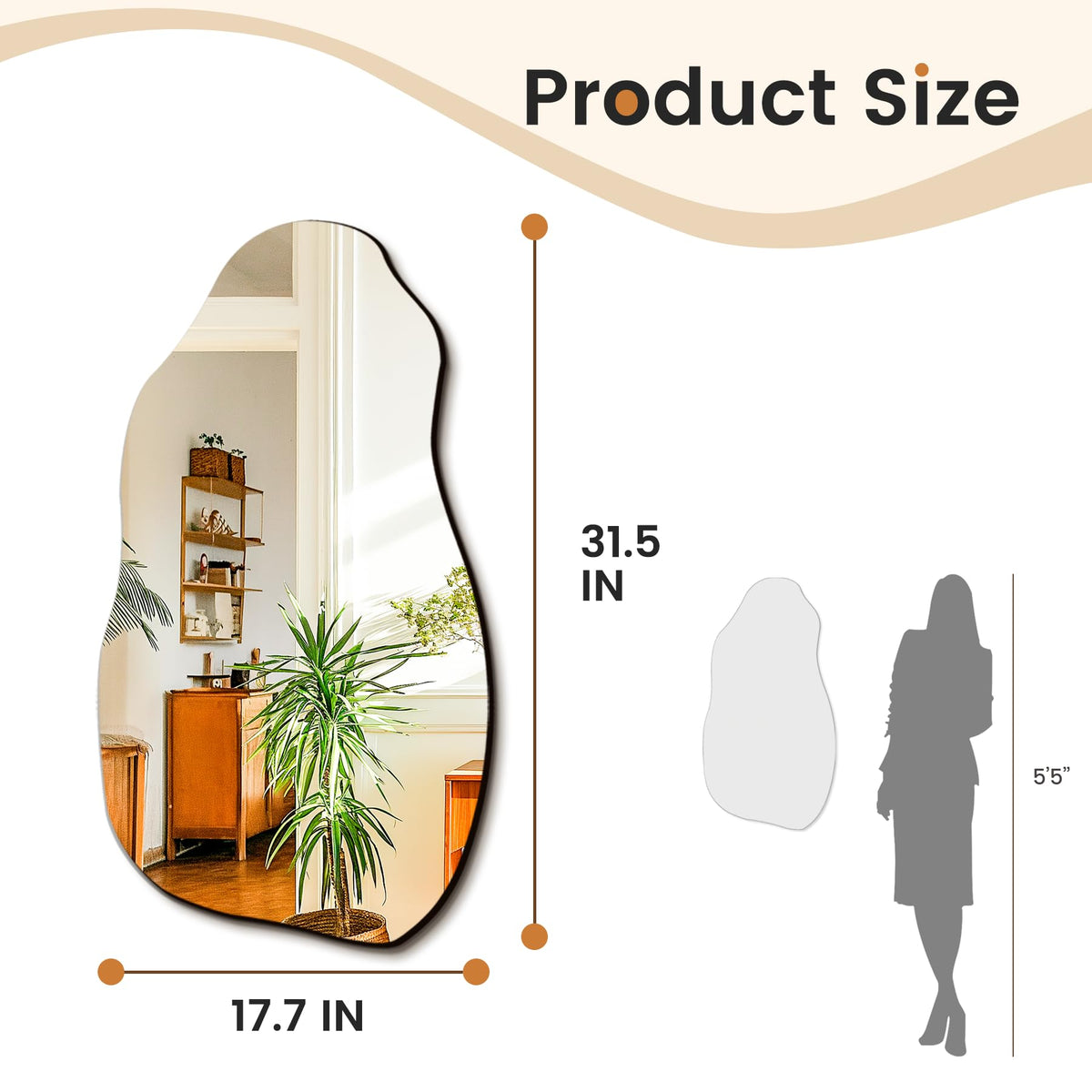 TRAHOME irregular wall mirror reflects daylight, enhancing room depth.