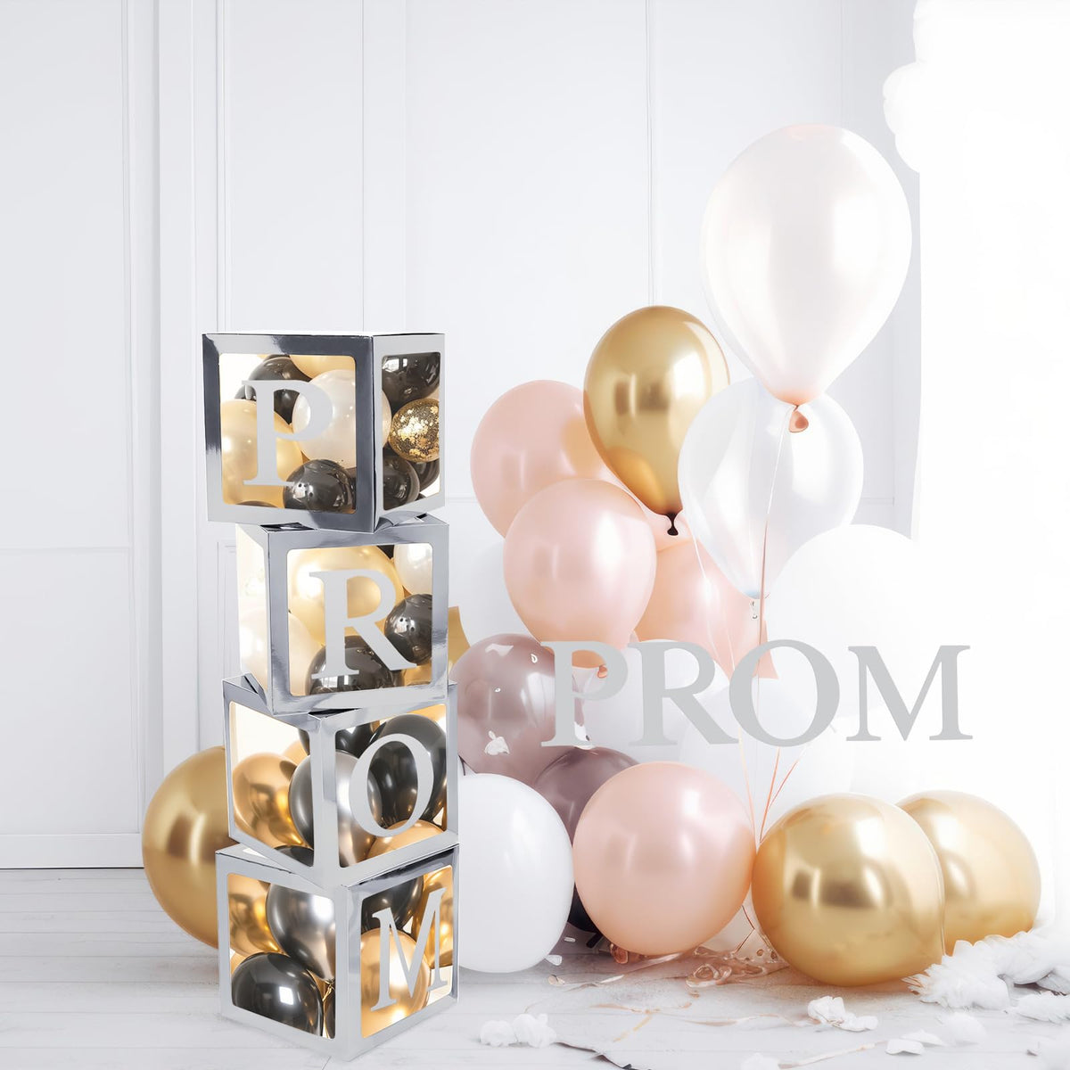 Trandraft prom letter boxes setup spelling PROM with a chic, durable display.