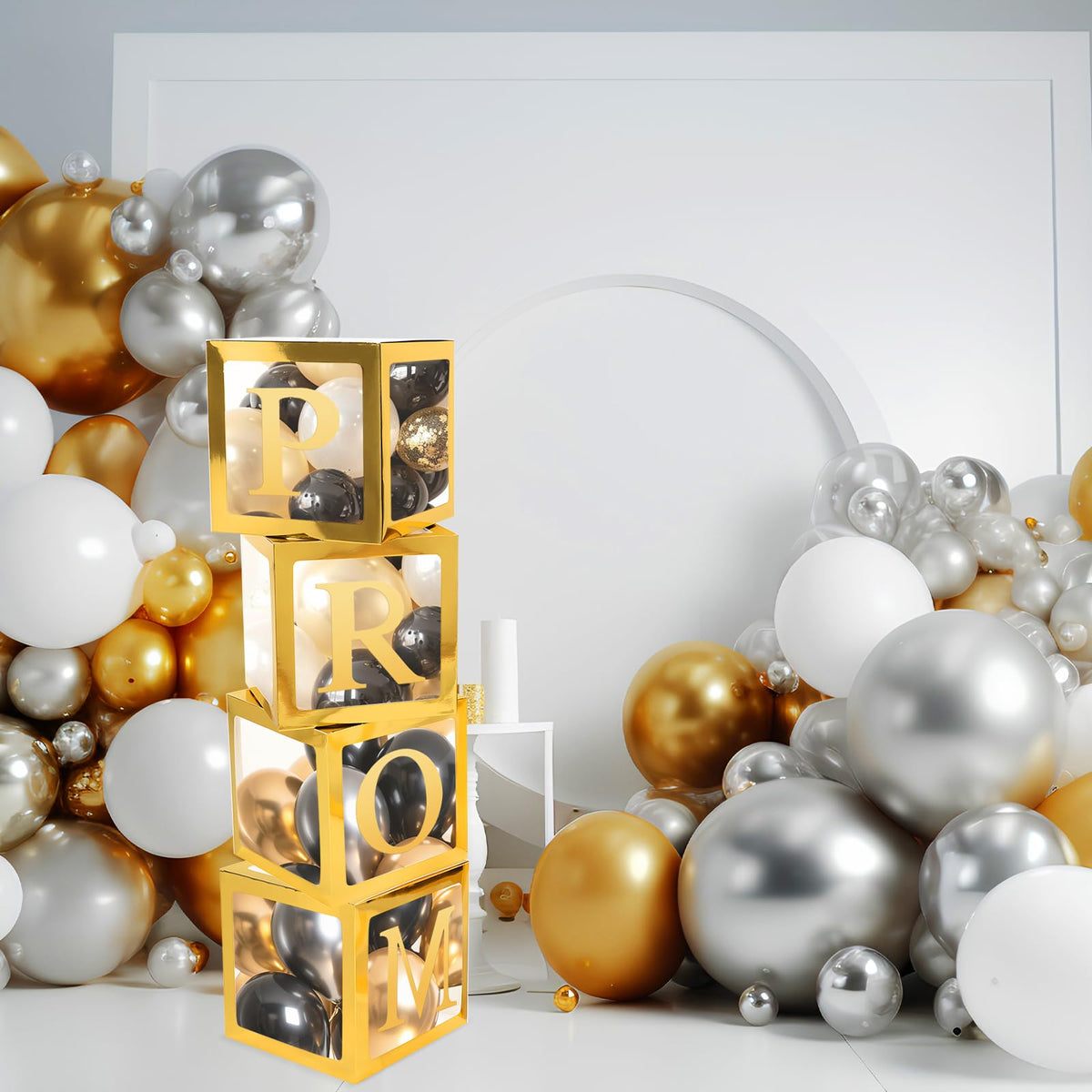 Trandraft transparent promo box with gold accents enhances lettered decor.