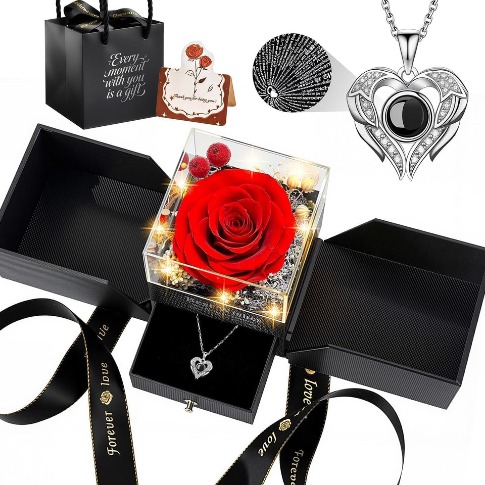 TranquilBliss preserved rose gift box with satin ribbon, ideal for gifting.