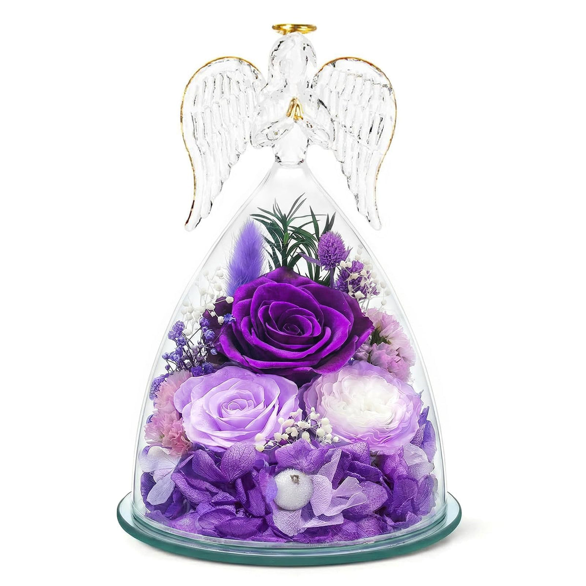 TranquilBliss purple preserved rose in glass dome with LED light for elegant display
