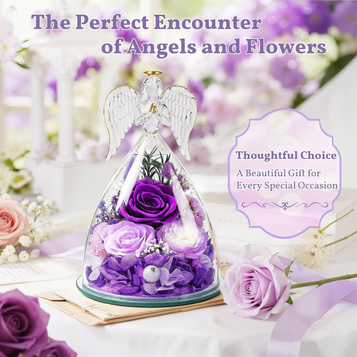 TranquilBliss three purple preserved roses create a lush display