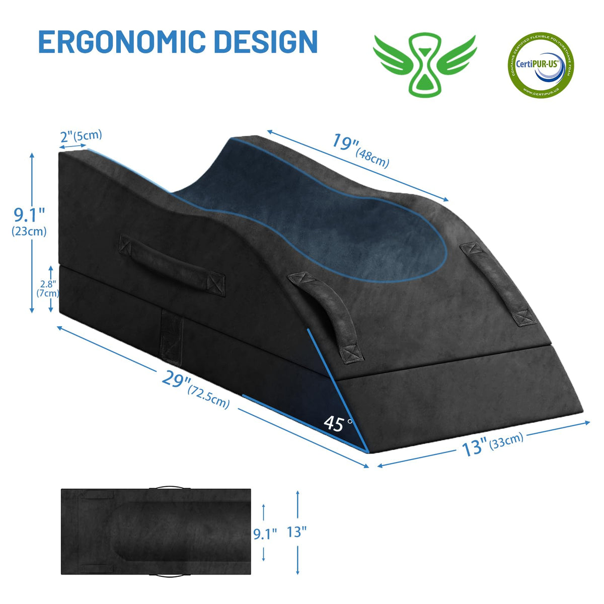 TranquilRelax leg elevation pillow side profile highlights compact design and adjustable height.