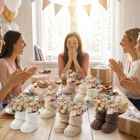 Tranquun flower-filled booties centerpiece setup for chic celebrations.