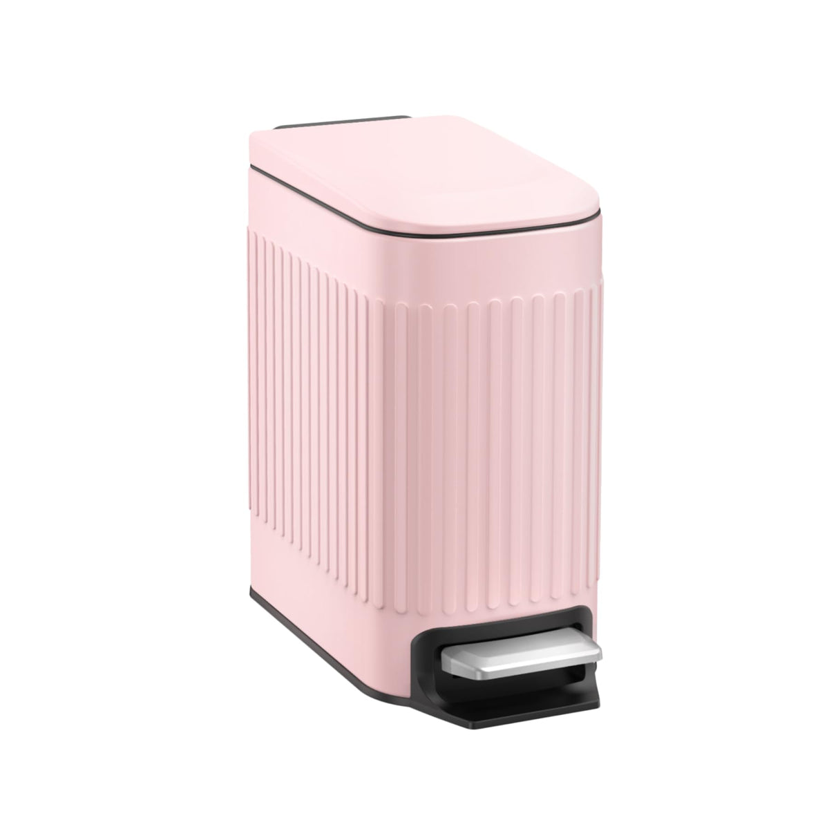 TrashAid pink bathroom trash can with lid keeps odors contained.