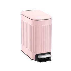 TrashAid pink bathroom trash can with lid keeps odors contained.