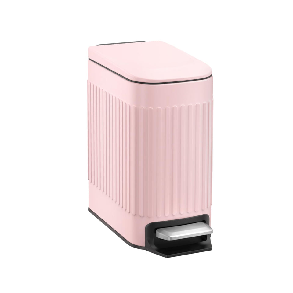 TrashAid pink bathroom trash can with lid keeps odors contained.