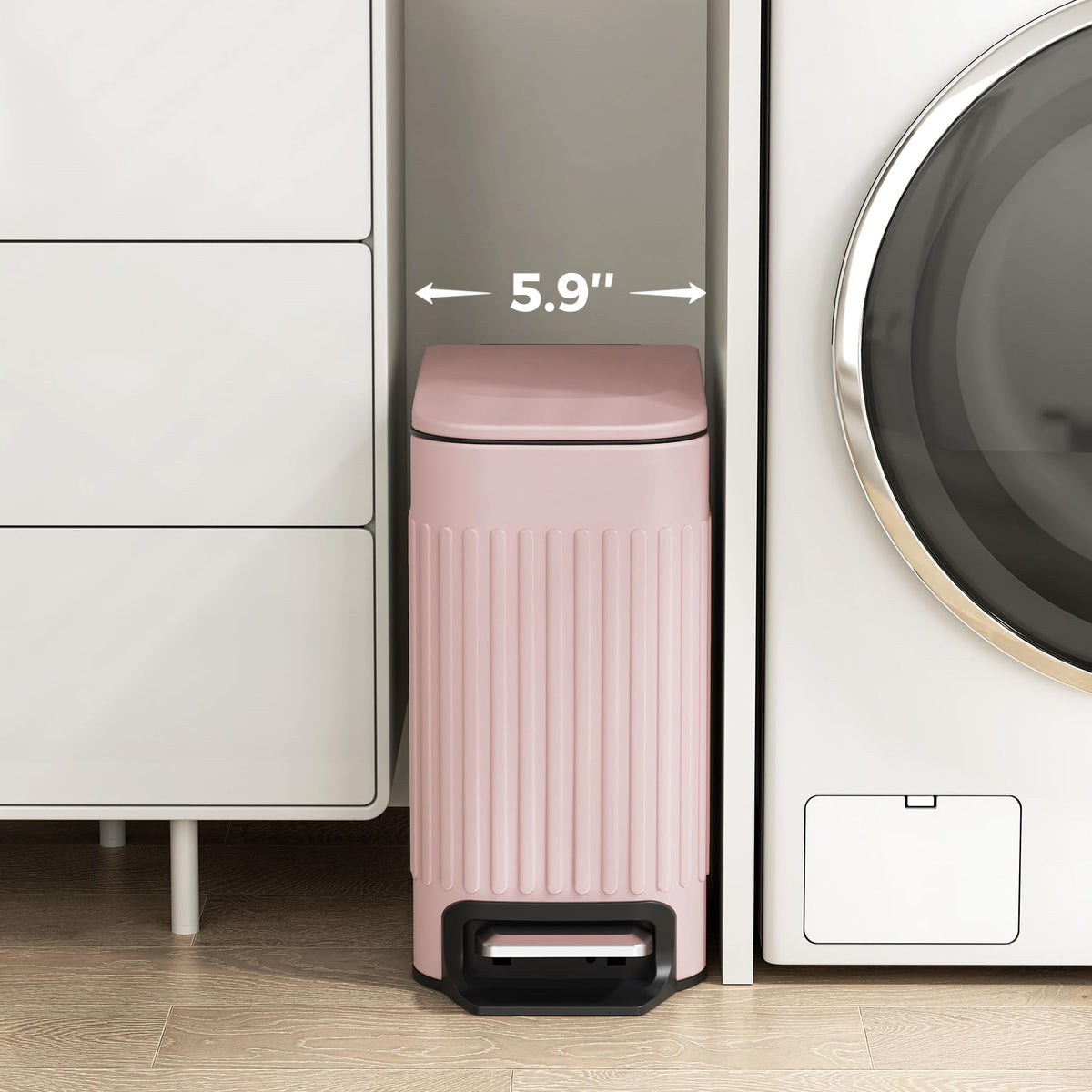 TrashAid pink bathroom trash can pedal enables hands-free waste disposal.