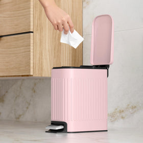 TrashAid pink soft-close lid reduces noise for quiet rooms.