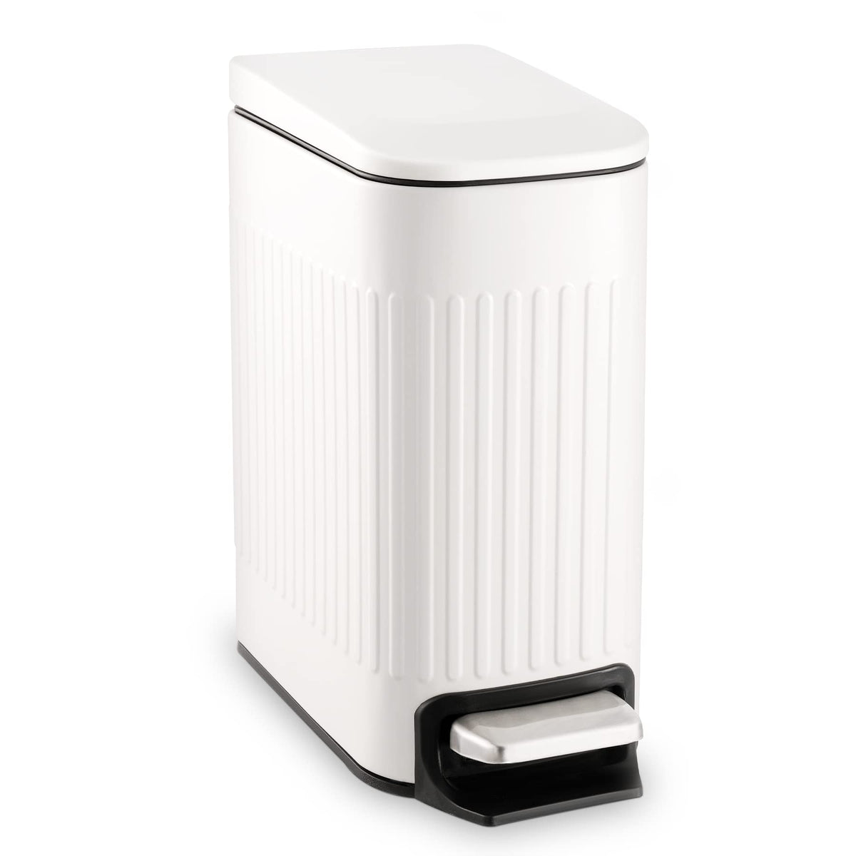TrashAid slim trash can with soft-close lid for quiet bathroom use.