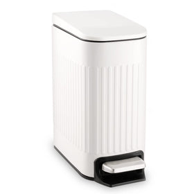 TrashAid slim trash can with soft-close lid for quiet bathroom use.