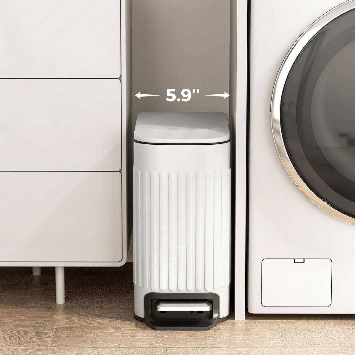 TrashAid slim trash can shows embossed stainless steel finish for durable style.