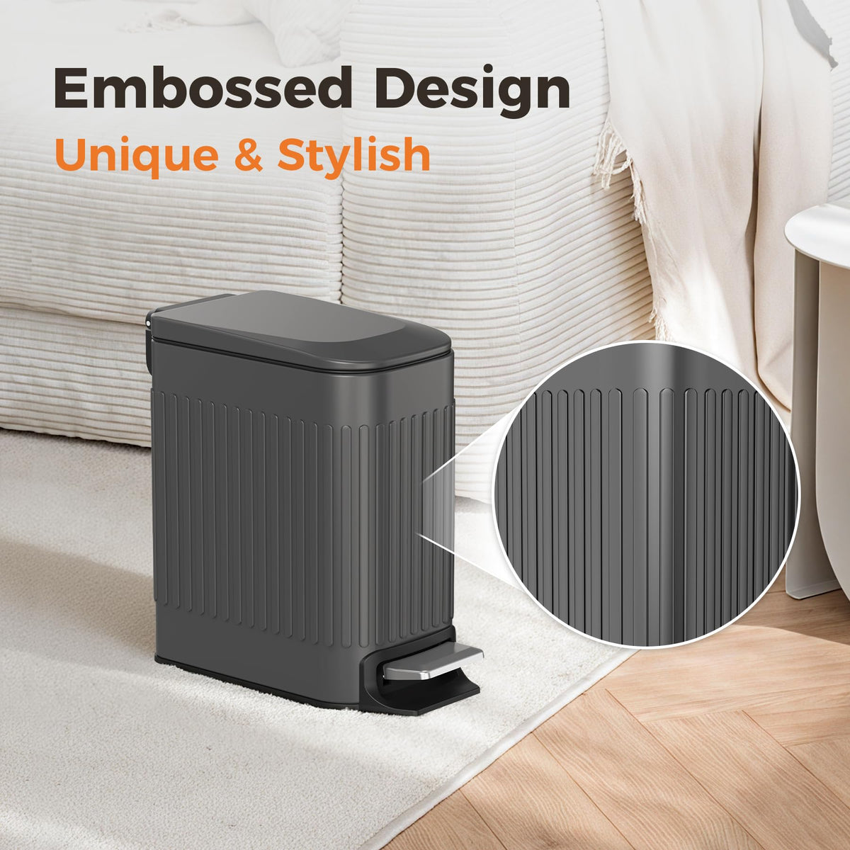 TrashAid compact design fits bathrooms or bedrooms without crowding counter space