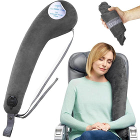 Travelrest all-in-one travel neck support and body pillow in gray, designed for long flights.